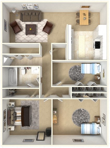 Floor plan for 3 beds, 1 bath, 1056 sqft